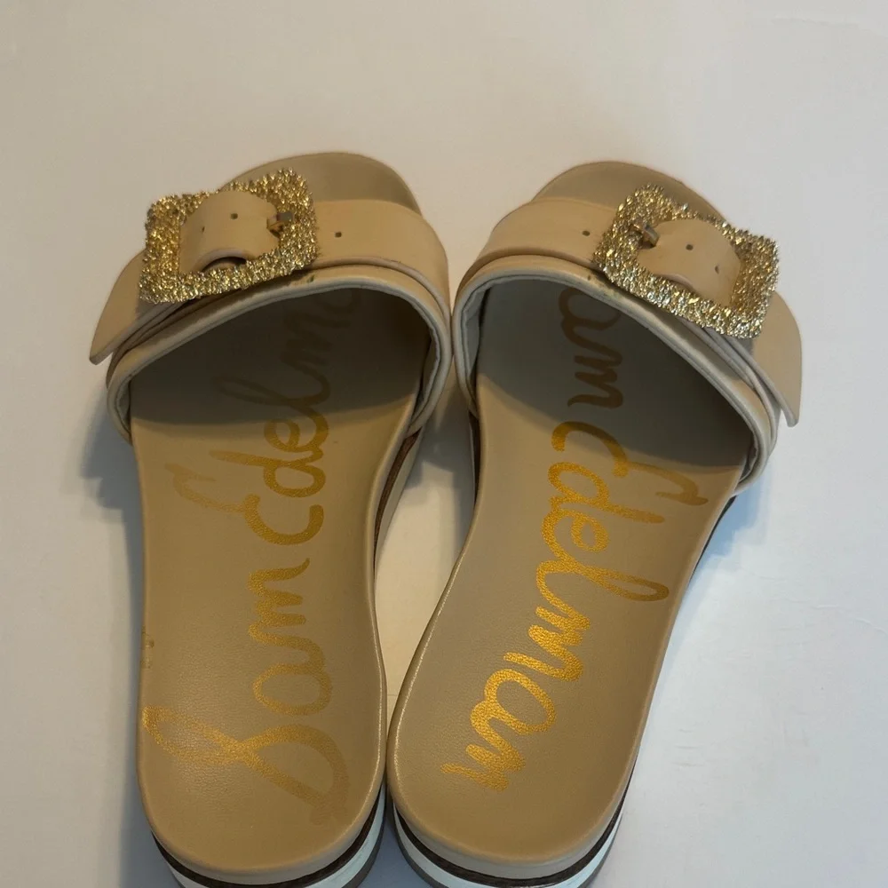 Sam Edelman Cream Slide Sandals with Gold Glitter Buckles - Picture 2 of 4